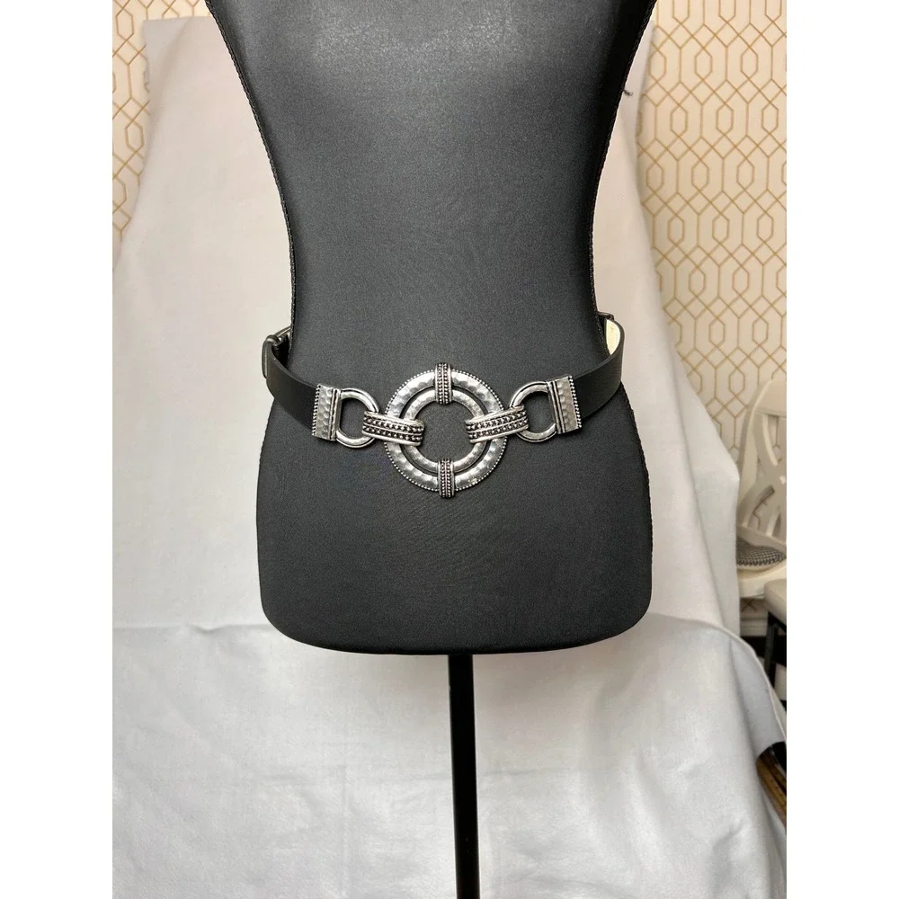 Chicos Black Genuine Leather Medallion Belt Silver Hammered Buckle AdjustableS/M